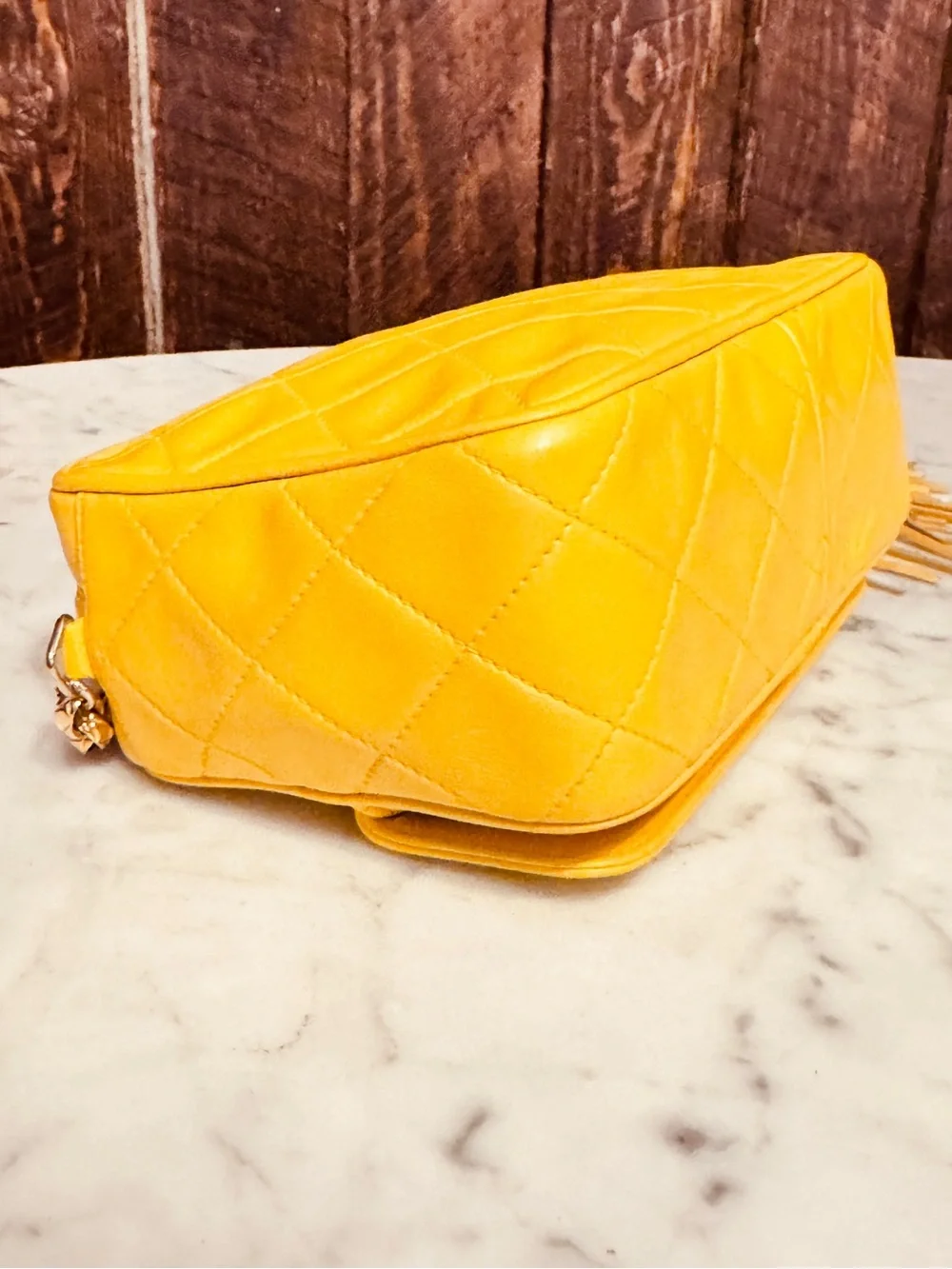 CHANEL Vintage Yellow Lambskin CC Tassel Camera Bag